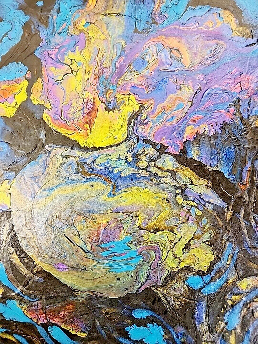 Acrylic Pour Painting Abstract Black Orange Blue Purple 9×12 Unframed OOAK Gift