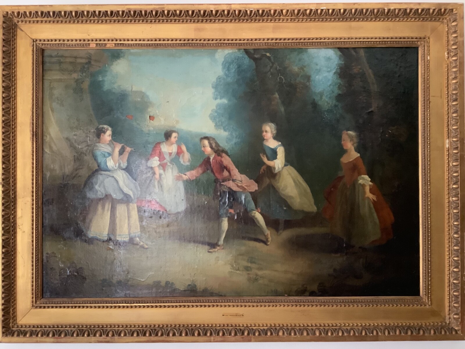 TO RESTORE 18th CIRCLE FRAGONARD ENTERTAINMENT IN PARK FRENCH OIL ON CANVAS