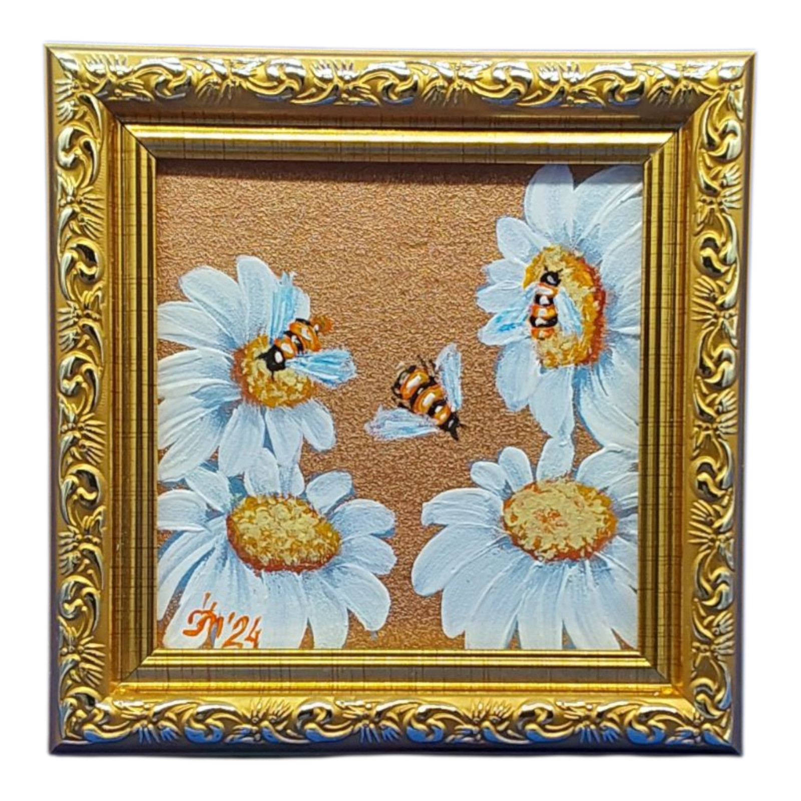 Flowers Daisy Original Painting Honey Bee Handmade Wall Art Gold Framed 4.8×4.3