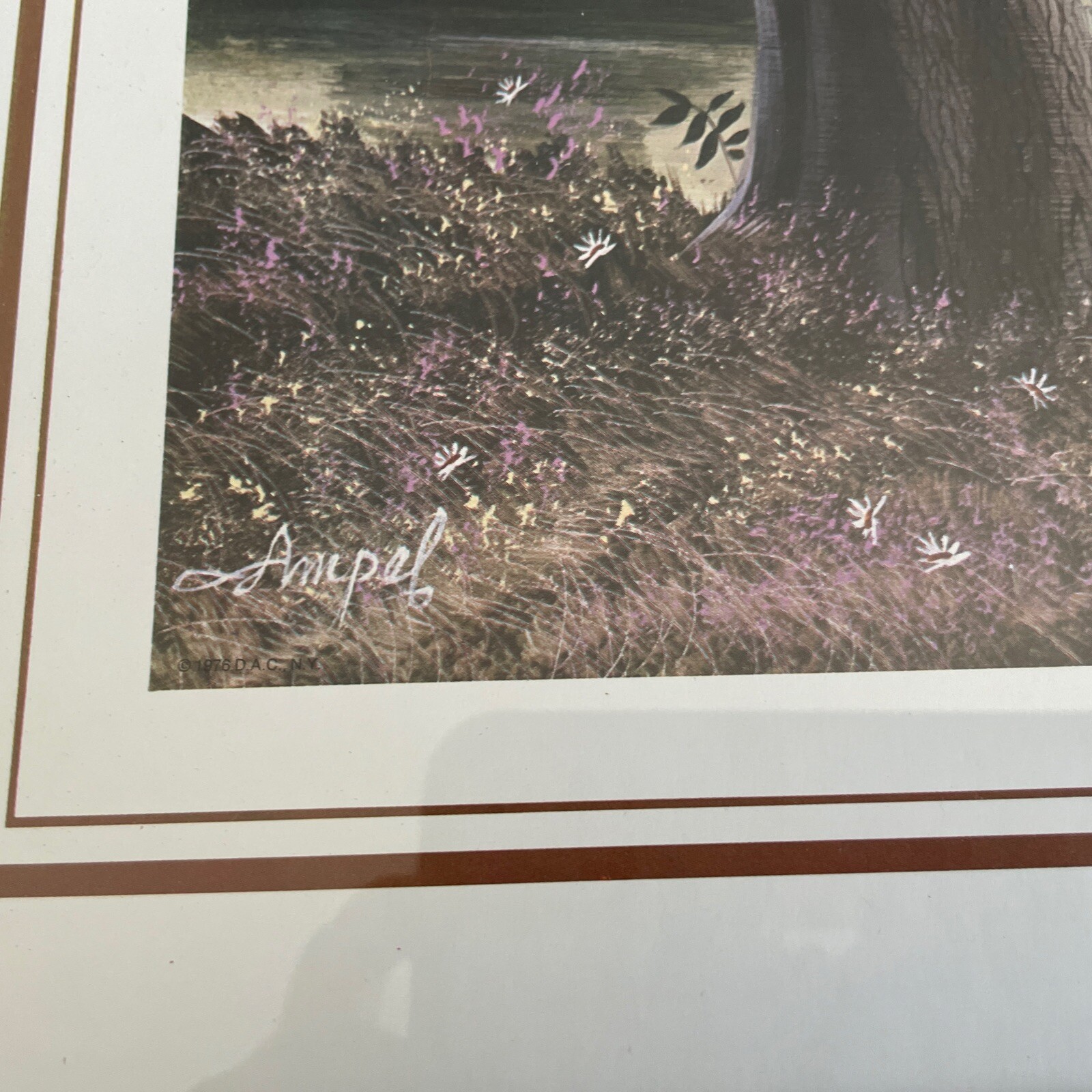 Lakeview Landscape w geese Painting 26″X21.5″ by Ampal Vtg DistresWood Frame