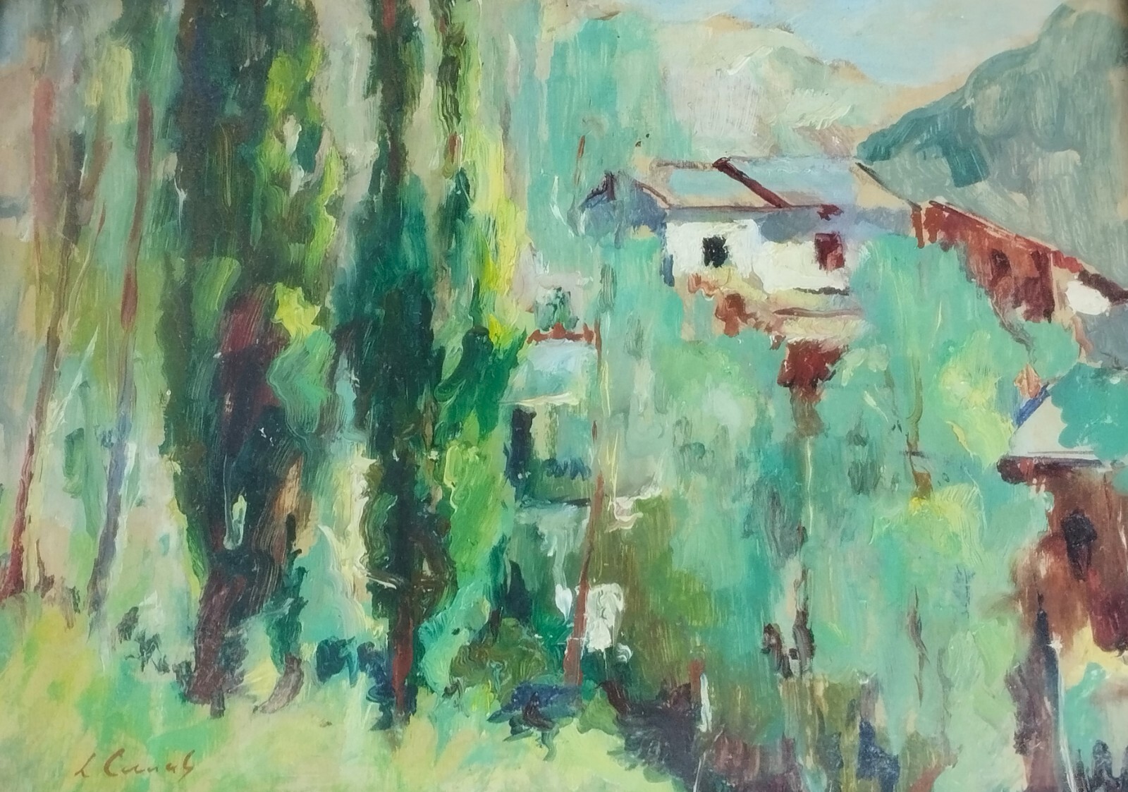 LLUIS CANALS. HOUSE IN THE FOREST. OIL ON WOOD. SPAIN. 20TH CENTURY
