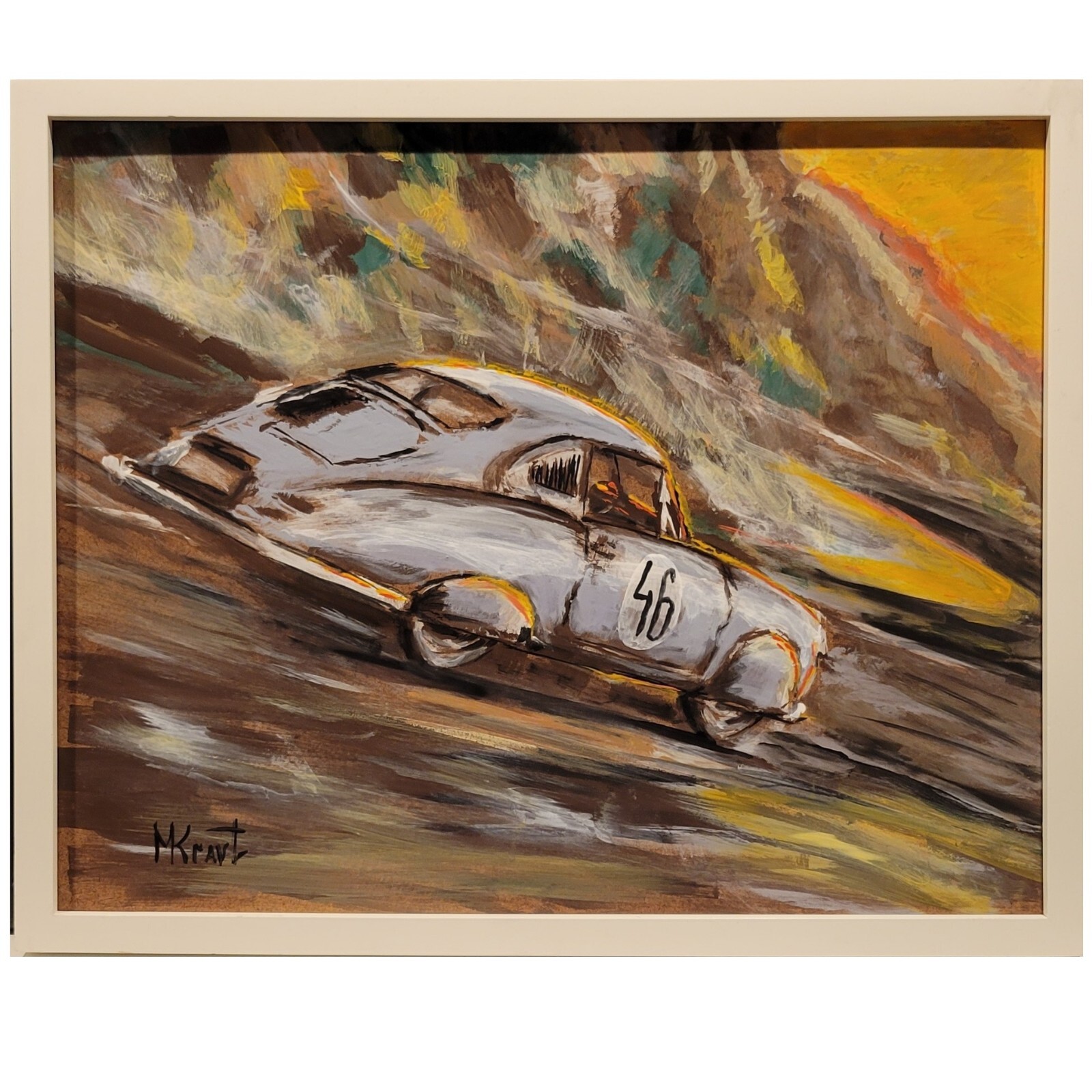 Porsche 356 Sunset Race Original Car Painting Classic Automobile Framed 22” Art