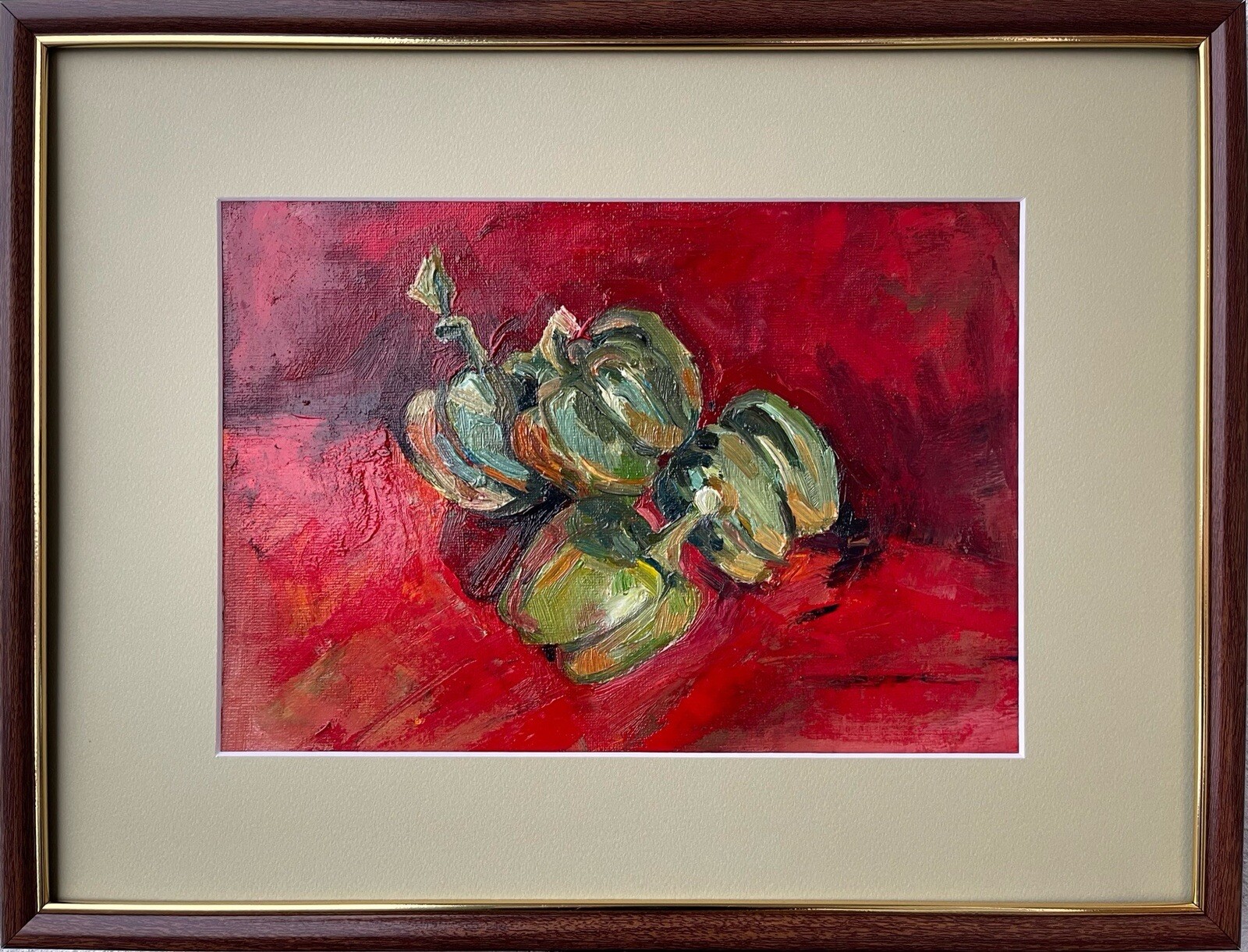 “Green peppers on a red table” Original Oil painting Ukrainian artist War