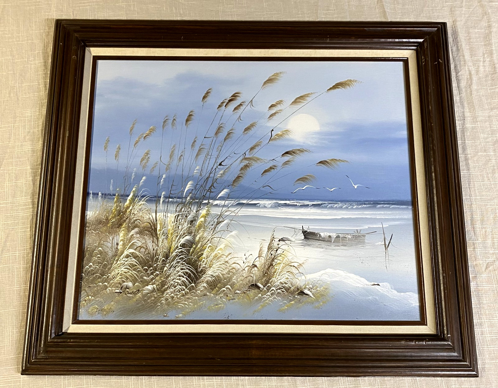 Vintage Painting Seashore Ocean Sandy Beach Landscape Original Art Framed 26×31