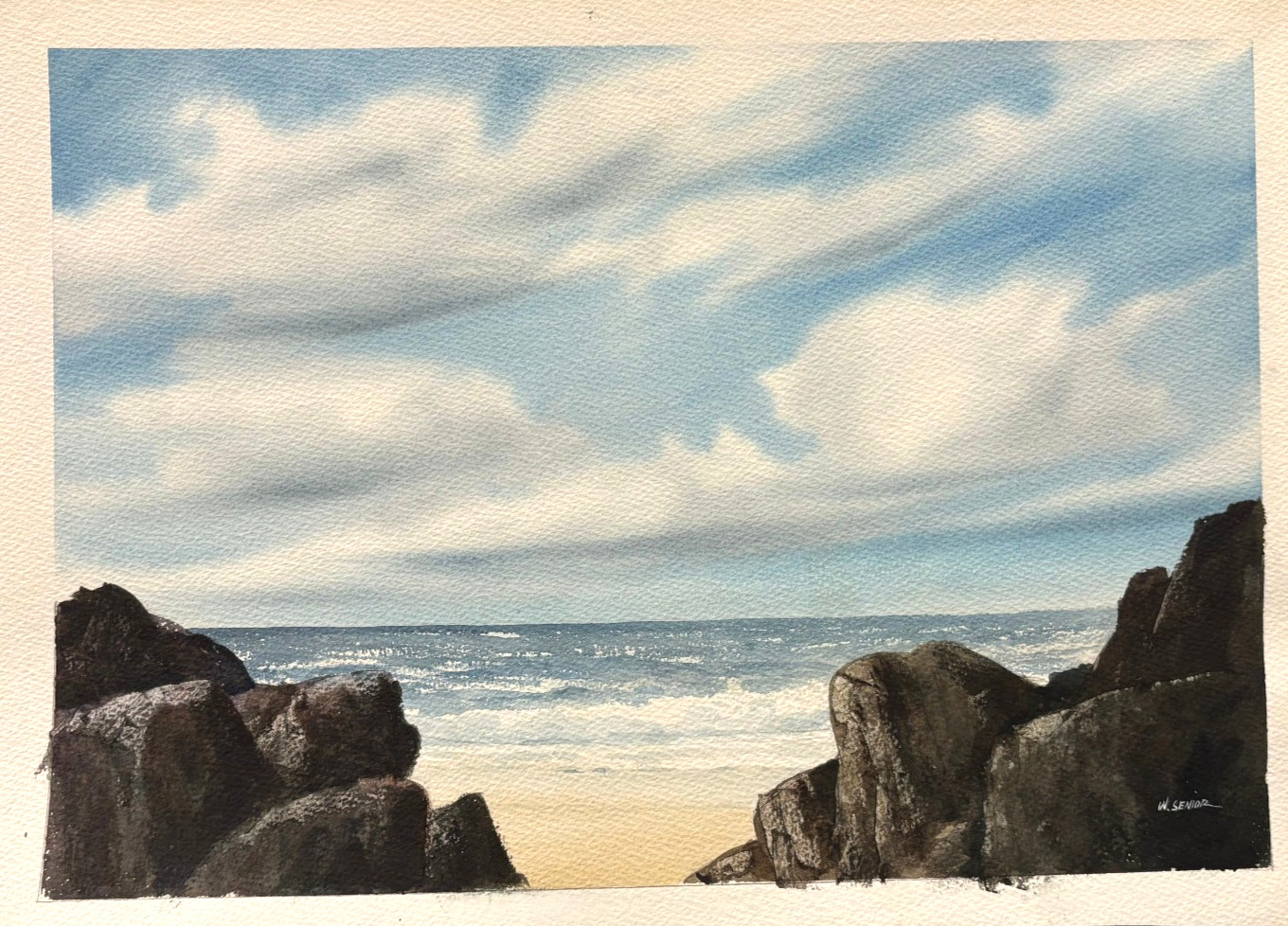 Ocean & Rocks Seascape 13 x 18 1/4 W/C Painting-William Senior (1953-2024)