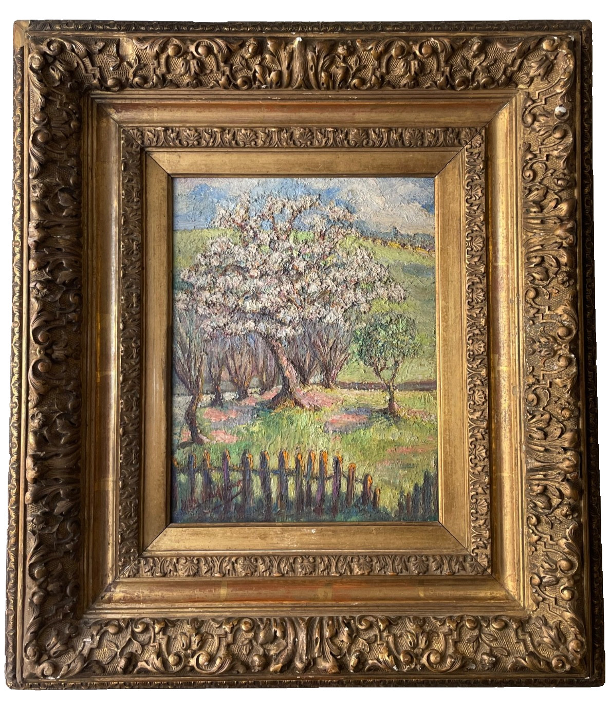 Antique Impressionist Oil Painting Panel Manner Pissarro Countryside in Spring