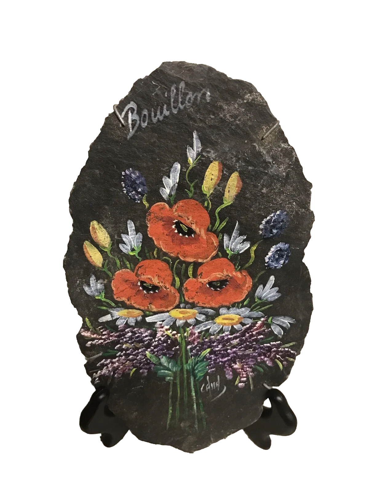 Bouillon Wild Flowers Hand Painted on Slate Artist Signed Hanging Sign Plaque