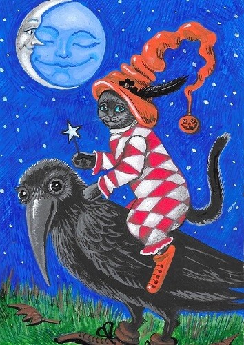ACEO PRINT OF PAINTING RYTA HALLOWEEN BLACK CAT RAVEN CROW MAGIC FULL MOON ART