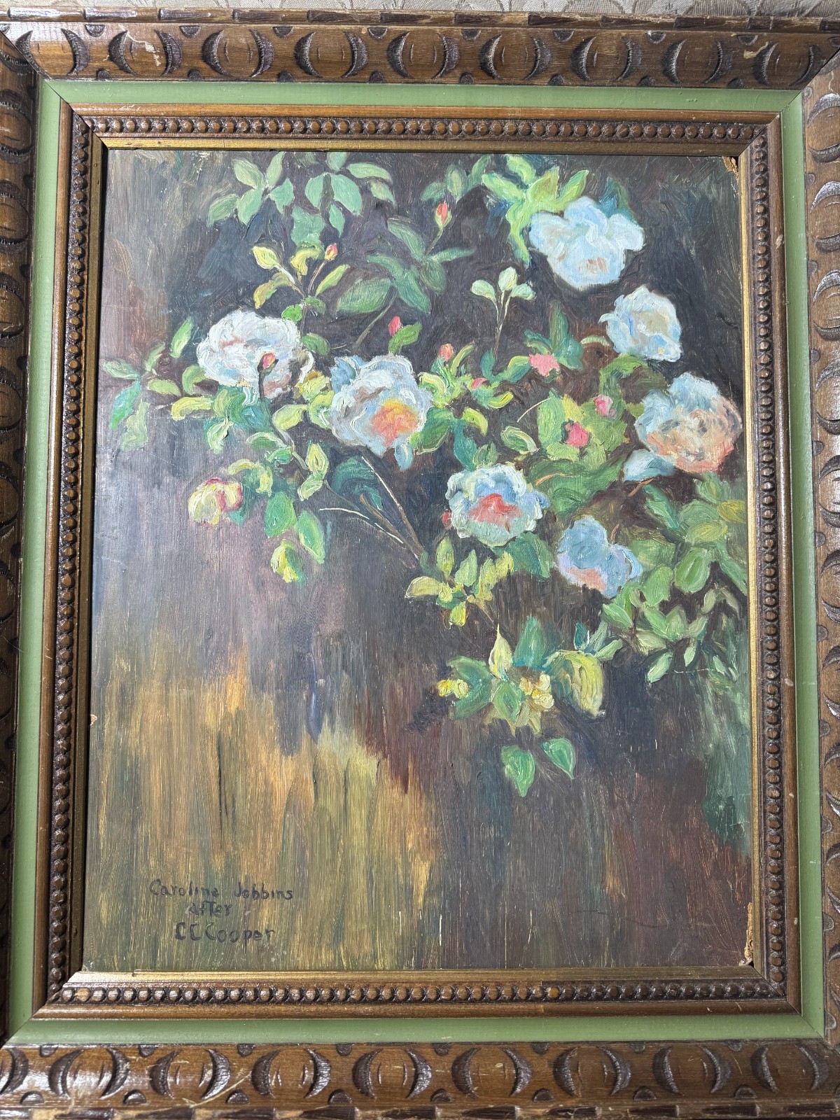 Caroline Jobbins (Born 1925) After CC Cooper «Floral Scene» Oil Painting -Framed