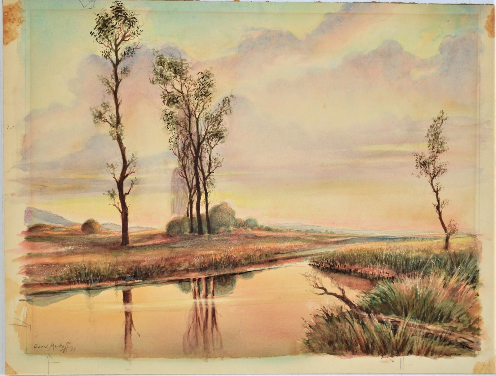 DAVID MACKOFF ANTIQUE WATERCOLOR ON CARDBOARD SIGNED DATED 1939 RIVER LANDSCAPE