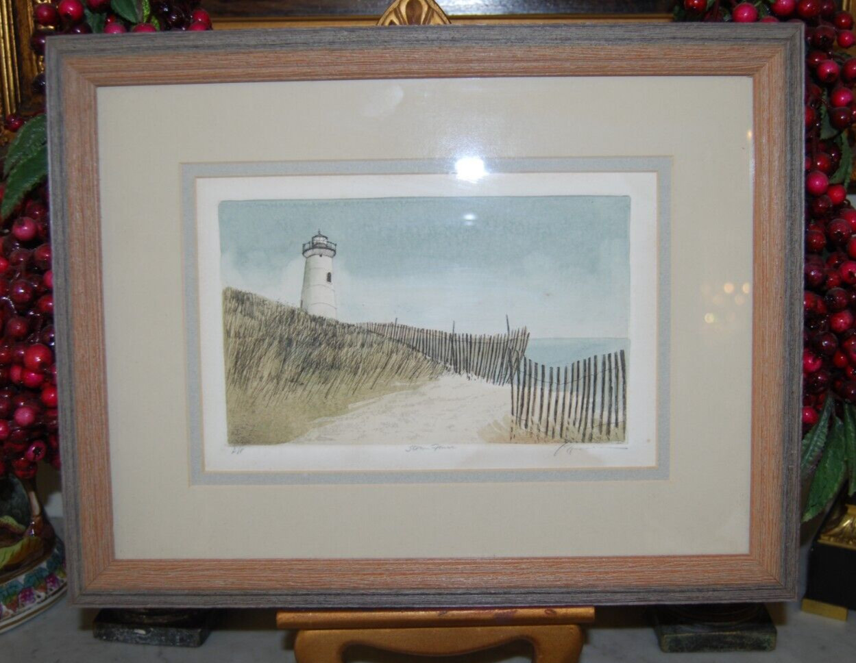 VTG FRAMED FRANK KACZMAREK SIGNED A/P COLORED ETCHING «STORM FENCE» LIGHTHOUSE