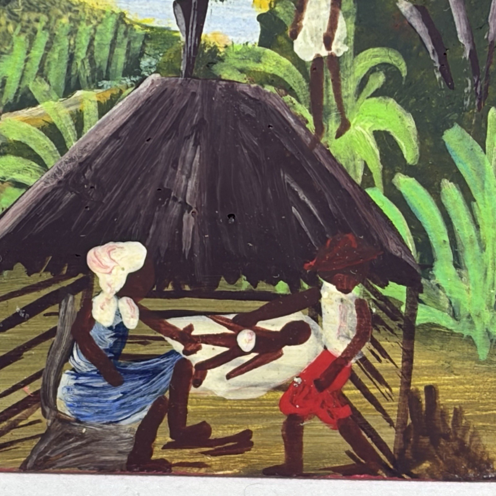 Vintage Haitian Folk Art Folding Wood Triptych Nativity Painting Signed R. NOLY
