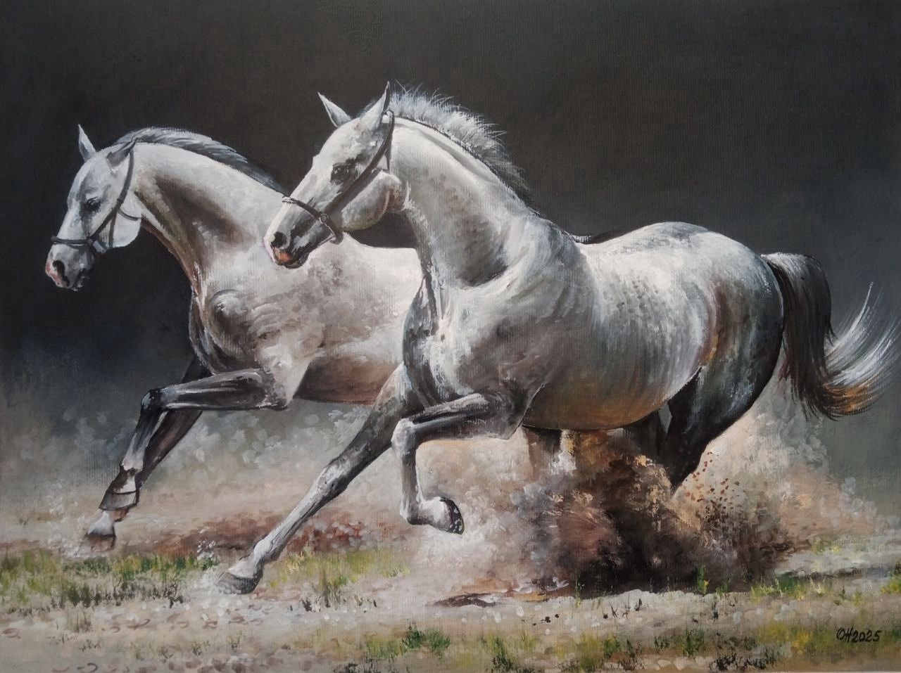 Original Oil Painting – Two White Horses Running (Canvas 30×40 cm, 2025)