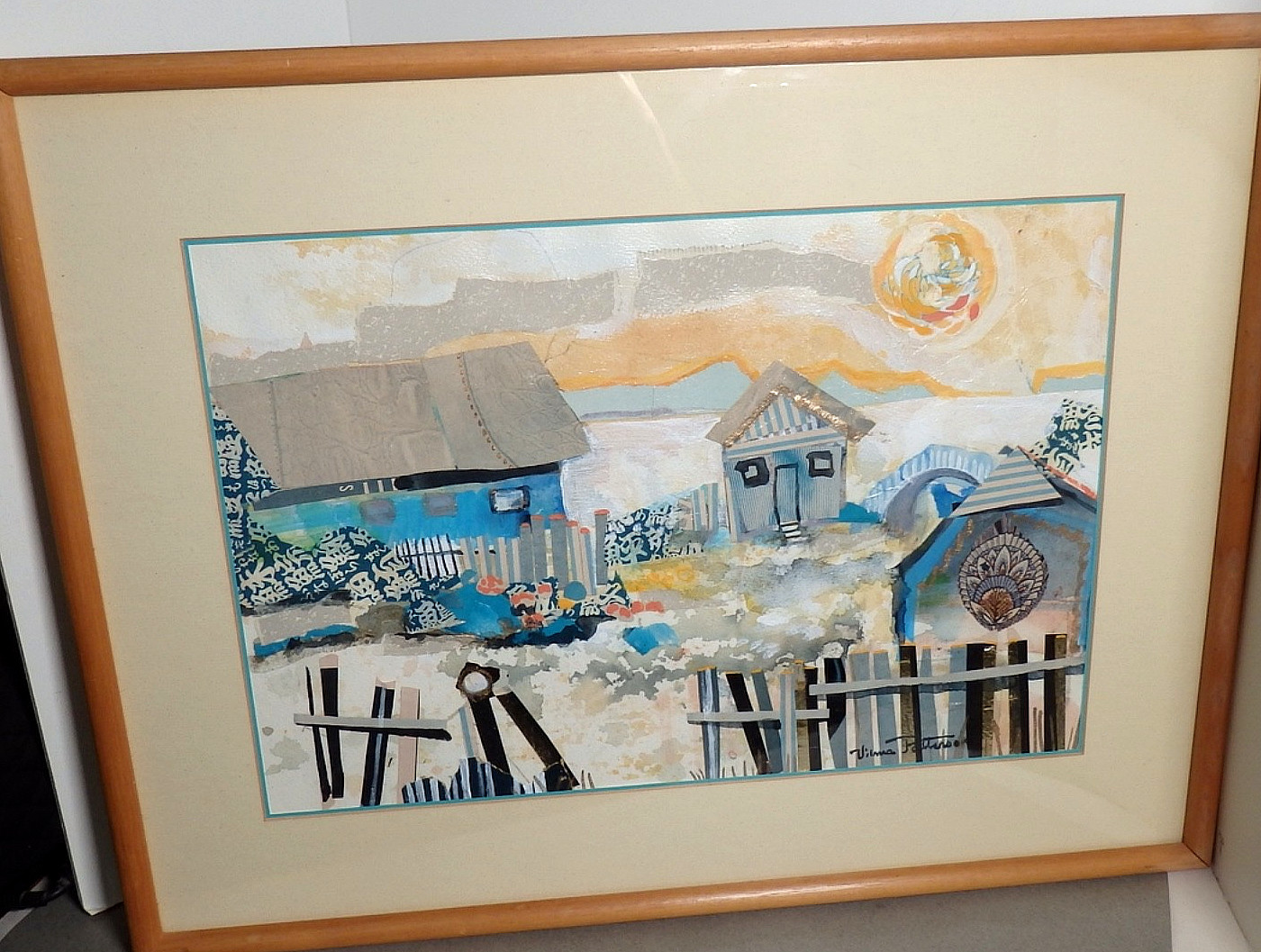 VTG Signed Watercolor Collage Painting Sun Sea Shacks Seascape Framed Calif