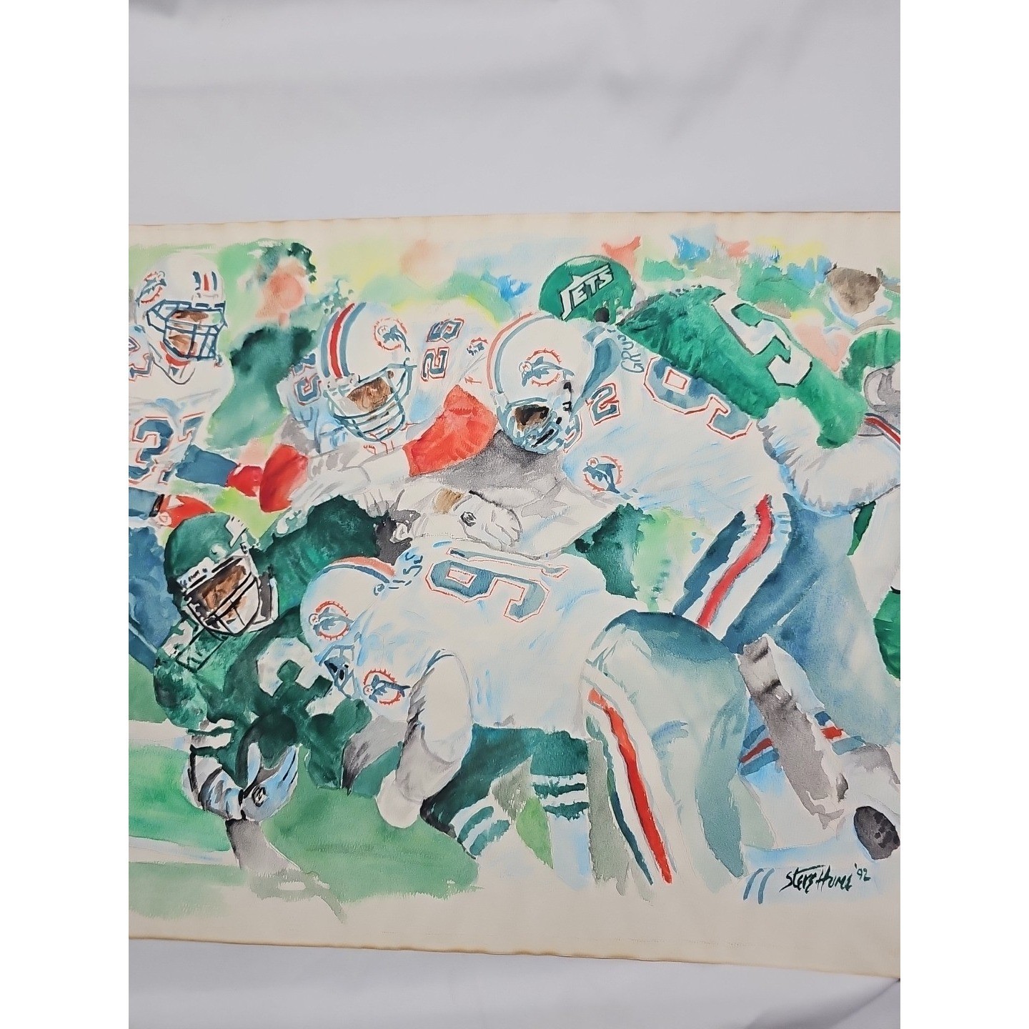 1992 Miami Dolphins NY Jets Signed Watercolor NFL Sports Art 18×23