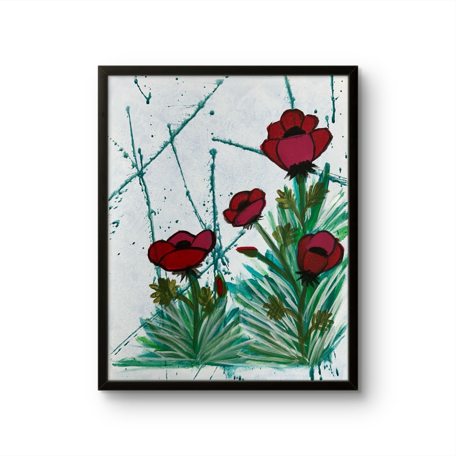 Original Minimalist 11×14 Acrylic Foral Canvas Signed Teal Red Painting