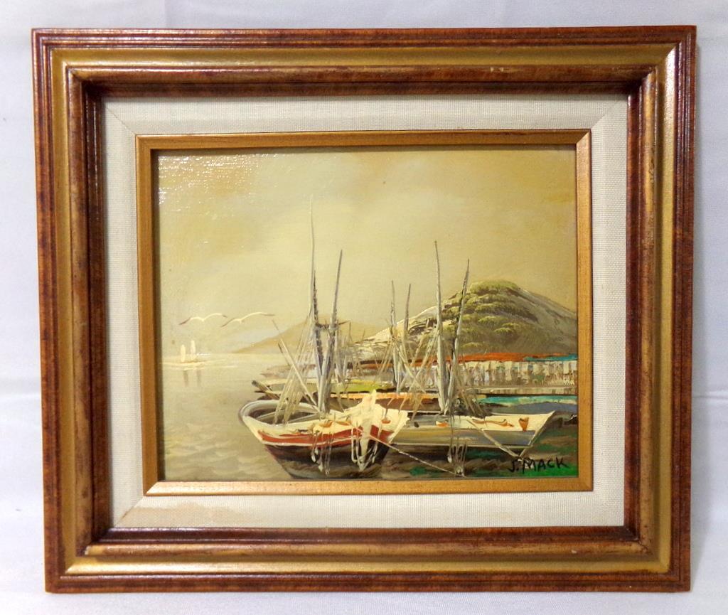 Original J. Mack 1960s Harbor Oil Painting