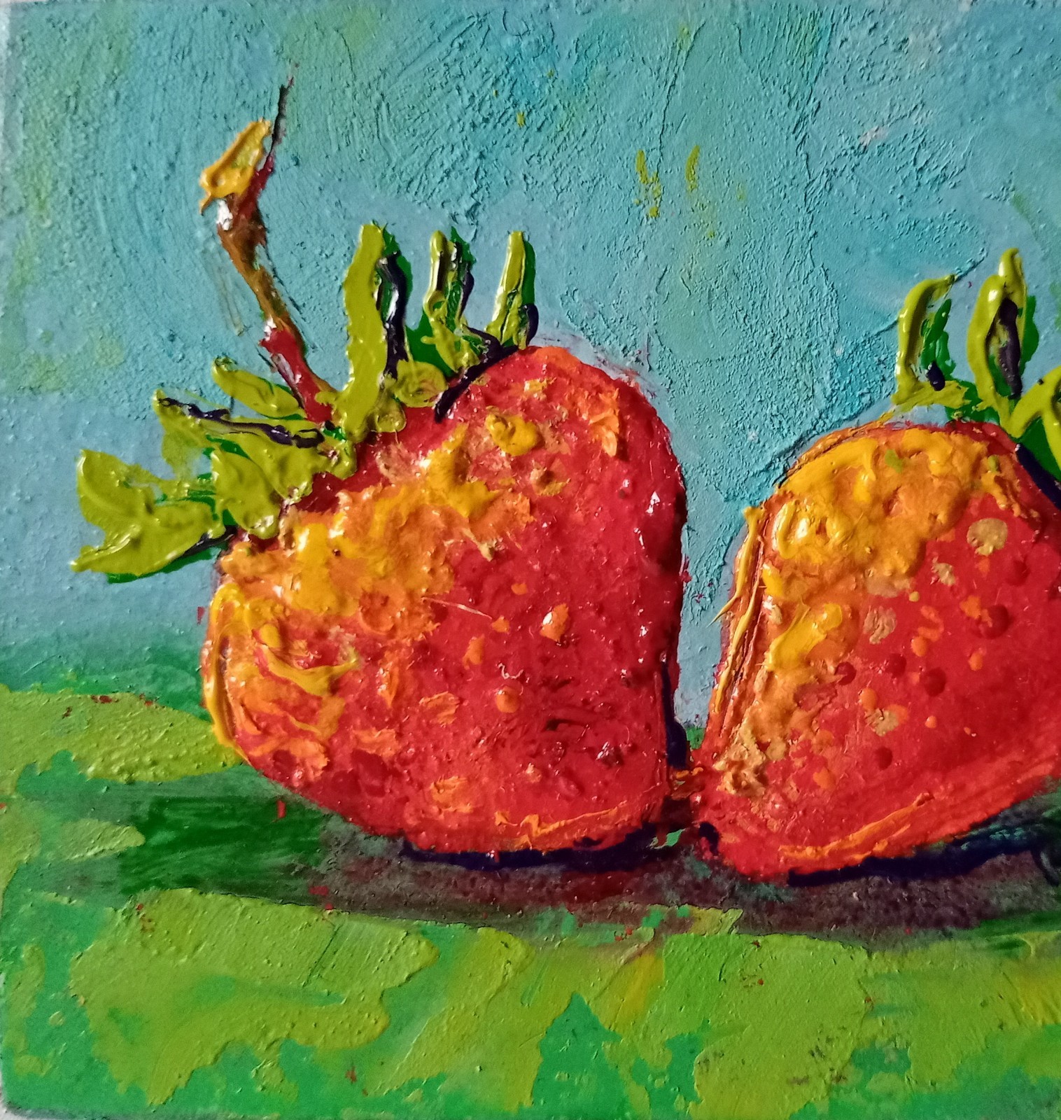 Strawberries Impasto Painting Original Art Impression Oil Painting 3.7 x 4.5 in