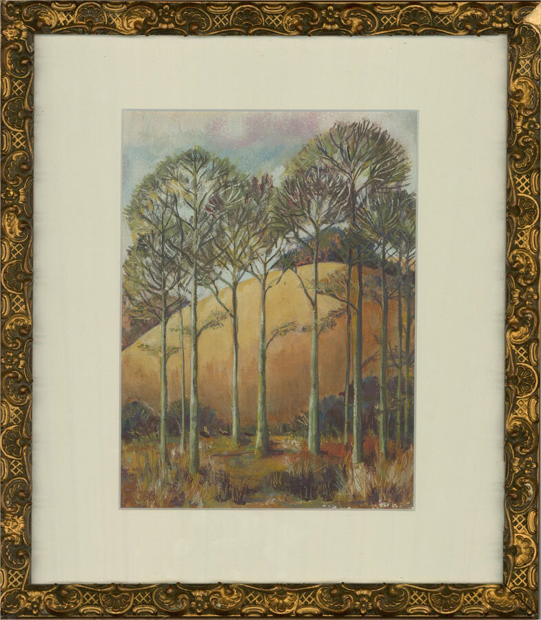 Juliet Dyer – Monogrammed Mid 20th Century Gouache, Yellow Hillside
