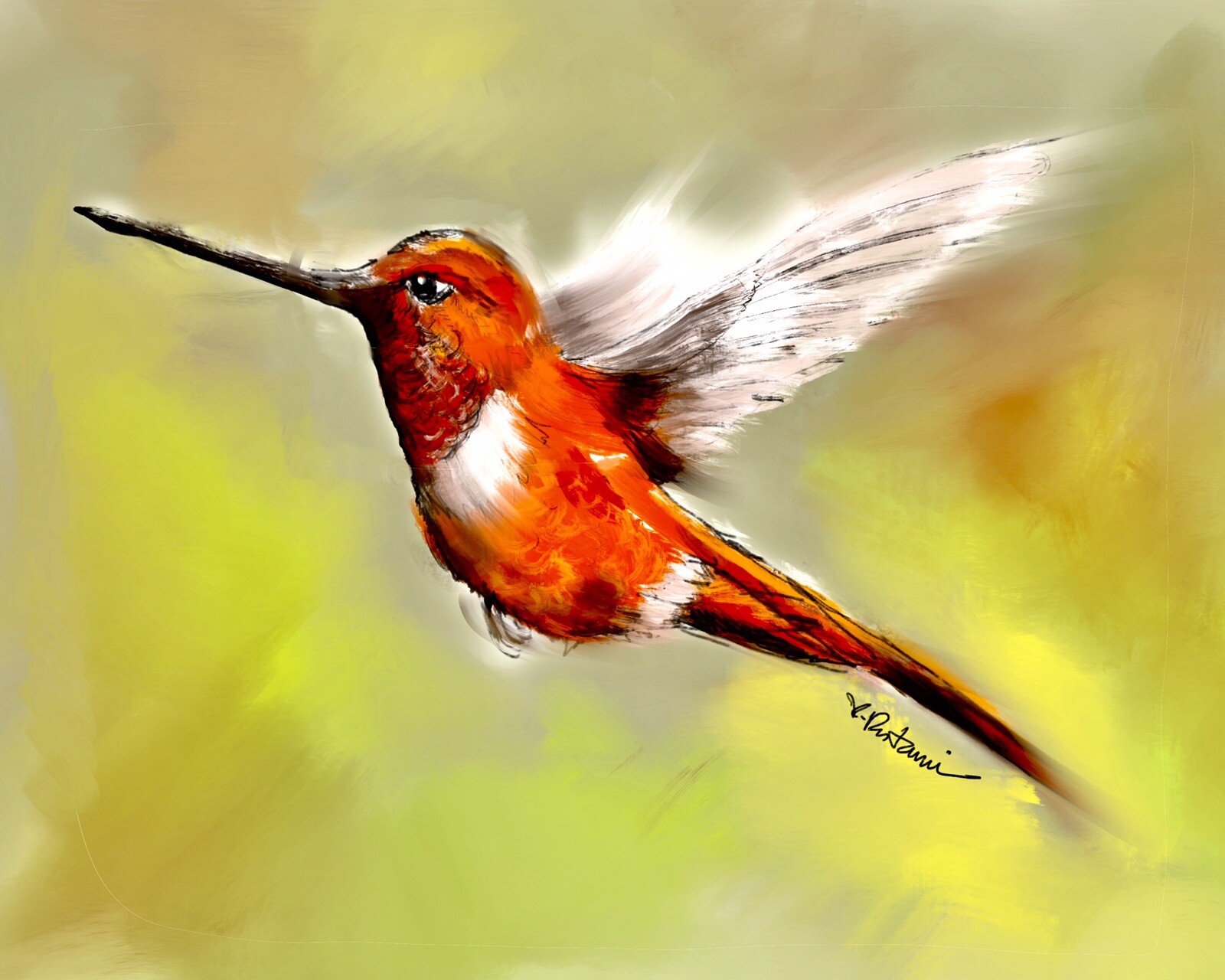 A-708 Print of Painting «Red Hummingbird» Gift Idea Animals Birds Birthday