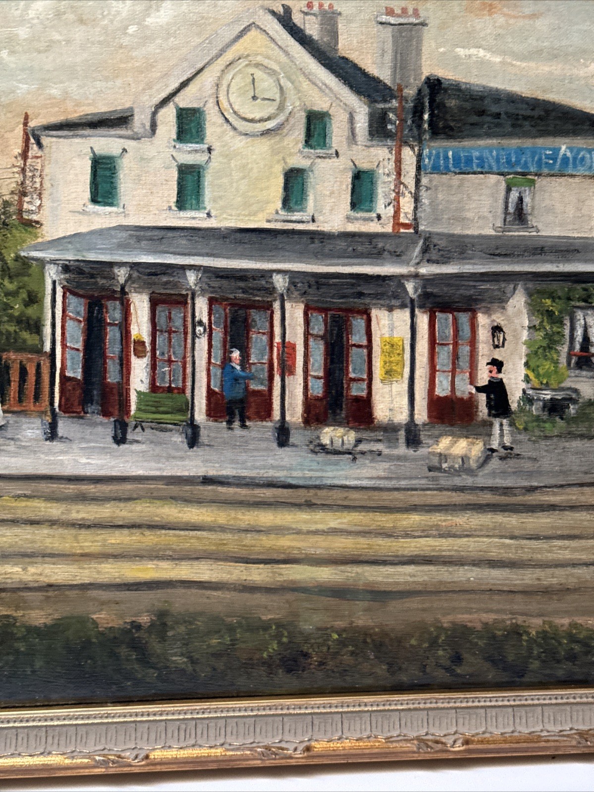 Antique Train Station Painting Railroad People Folk Naive Primitive Signed Oil