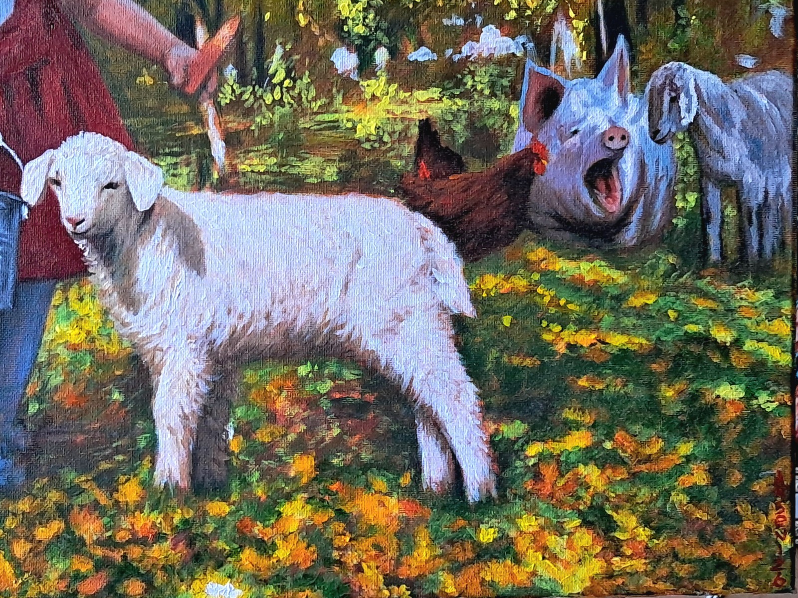 Young Hostess Repeat ~ Original Oil Painting 80x60cm Child with Farm Animals