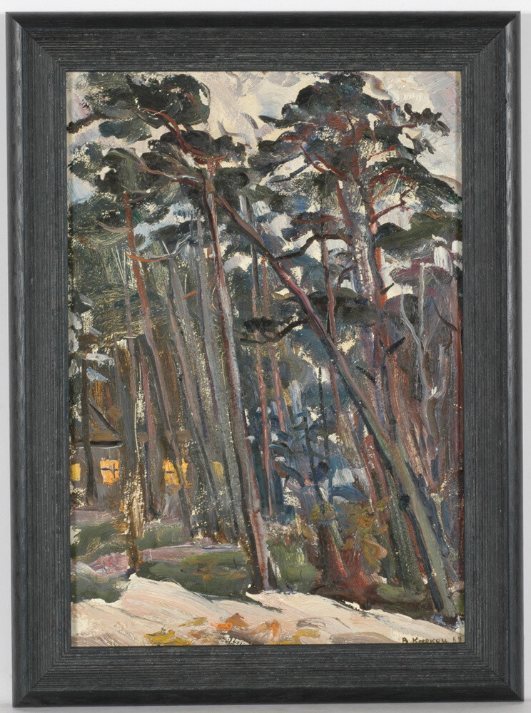 «House in the Forest», oil painting by Vasili Karkots, 1967 (m)