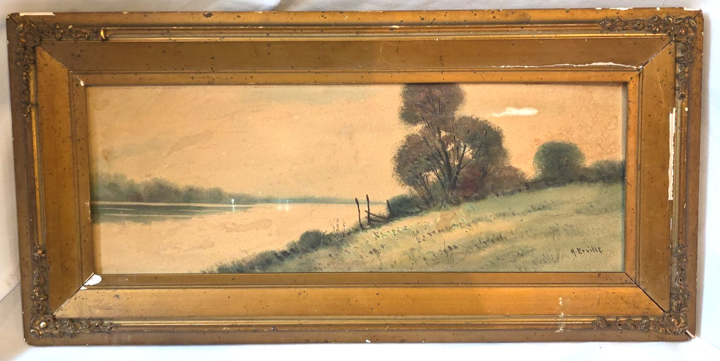 Antique Watercolor Landscape of Lake & Shoreline Signed M. Erville Framed