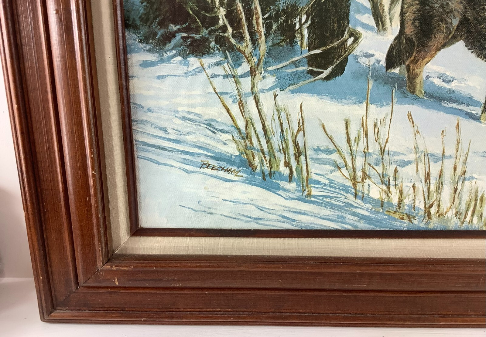 Signed Tom Beecham Framed Canvas Painting Print Wolves in the Snow in Forest 28″
