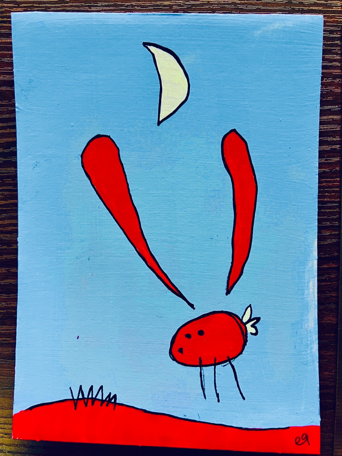 e9Art 5×7 ‘waiting for the sky to blink’ naive outsider art brut folk rabbit