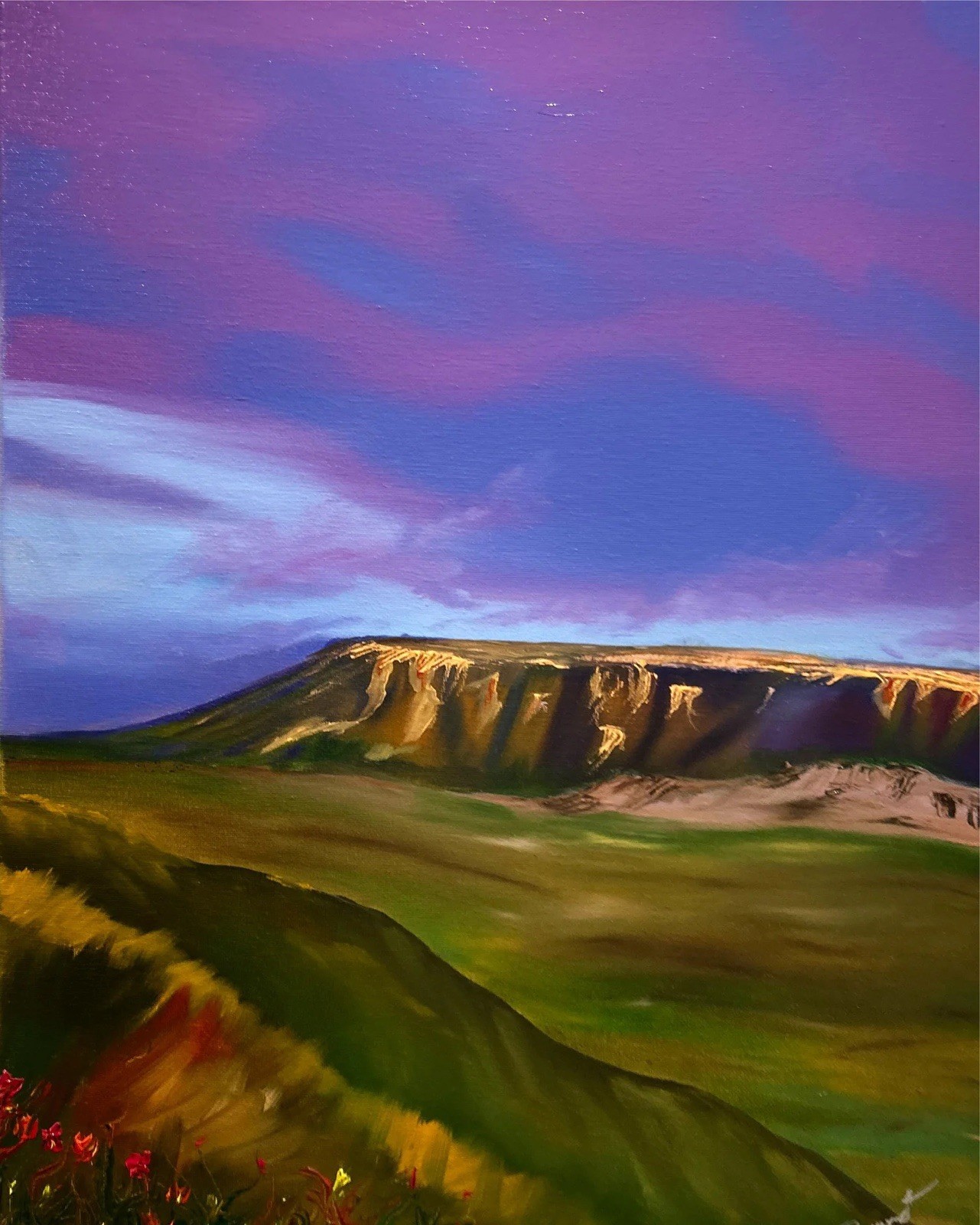 Landscape Oil Painting on Canvas – Realism Art with Mountains and Purple Sky