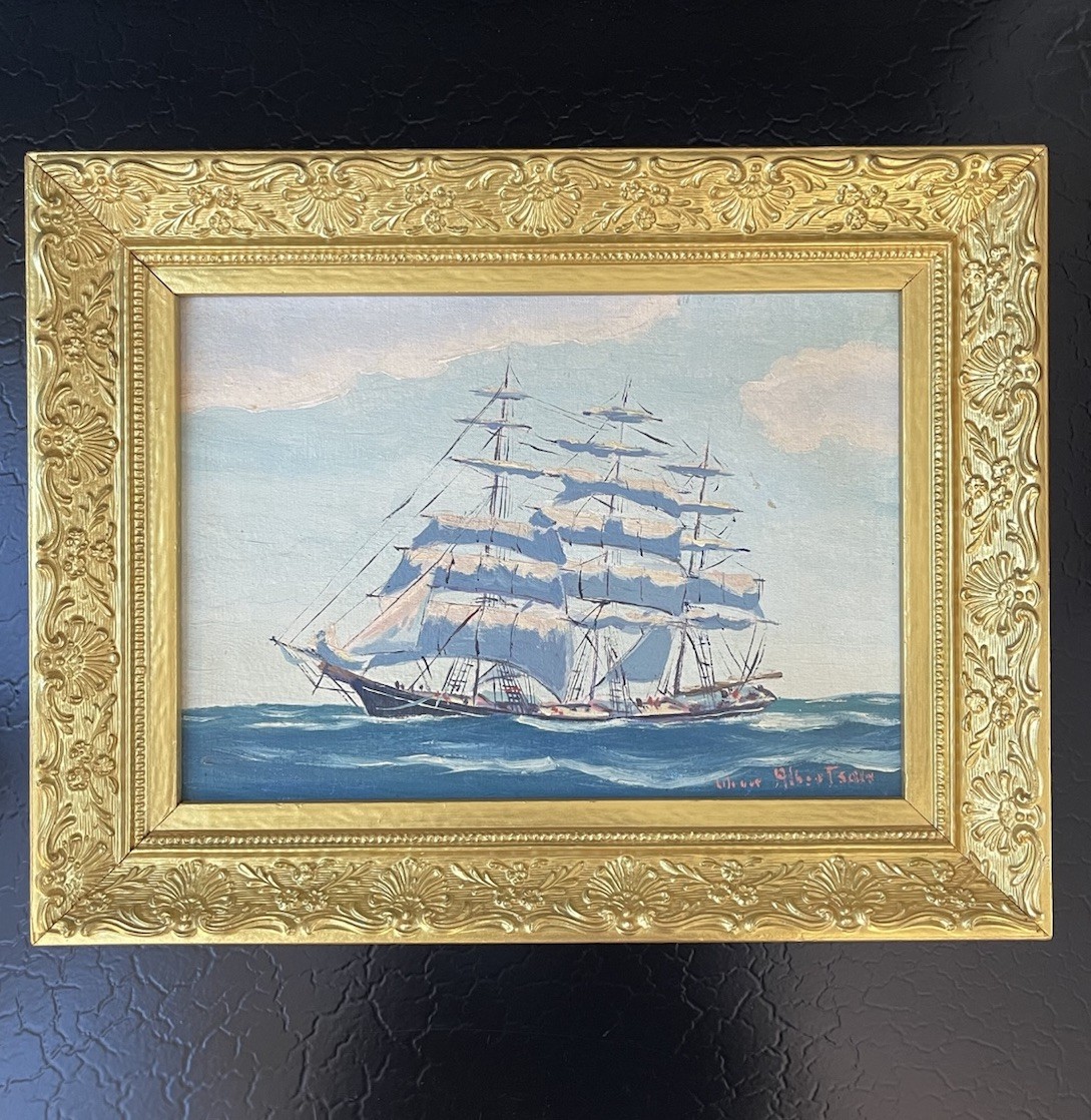 Antique Artist Signed Clipper Ship Maritime Seascape Oil Painting American c1925