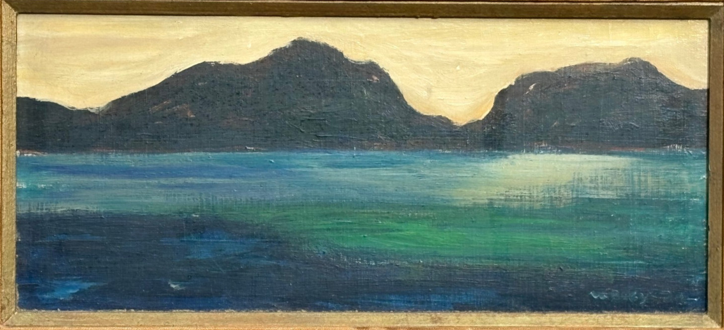 Water Reflections Below a Mountain Range Oil Painting-C. 950s-Maxim Bugzester