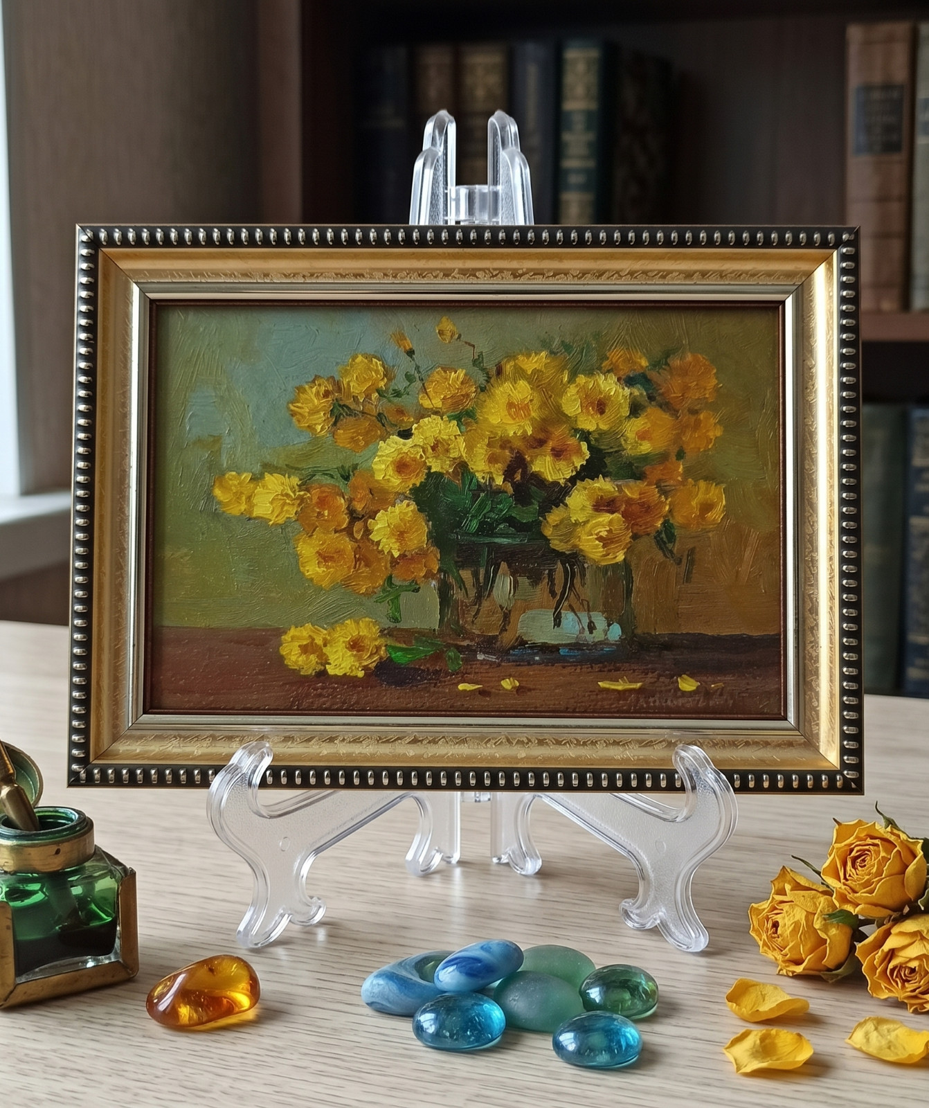 Yellow Flowers Original Oil Painting 4×6 Framed Signed Floral Still Life Art