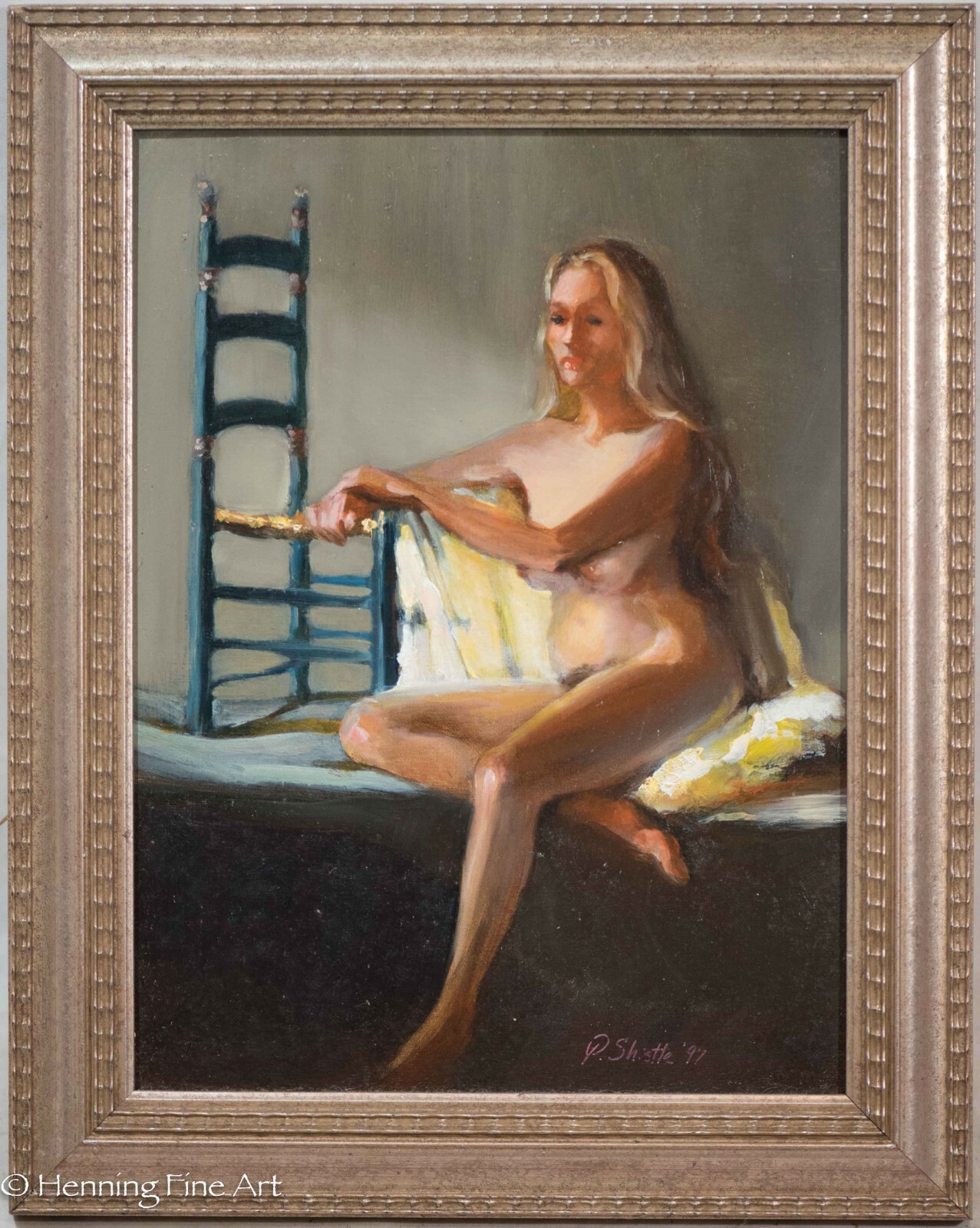 Beautiful Nude Female Oil Painting Seated Portrait by Patricia Shistle, Framed!