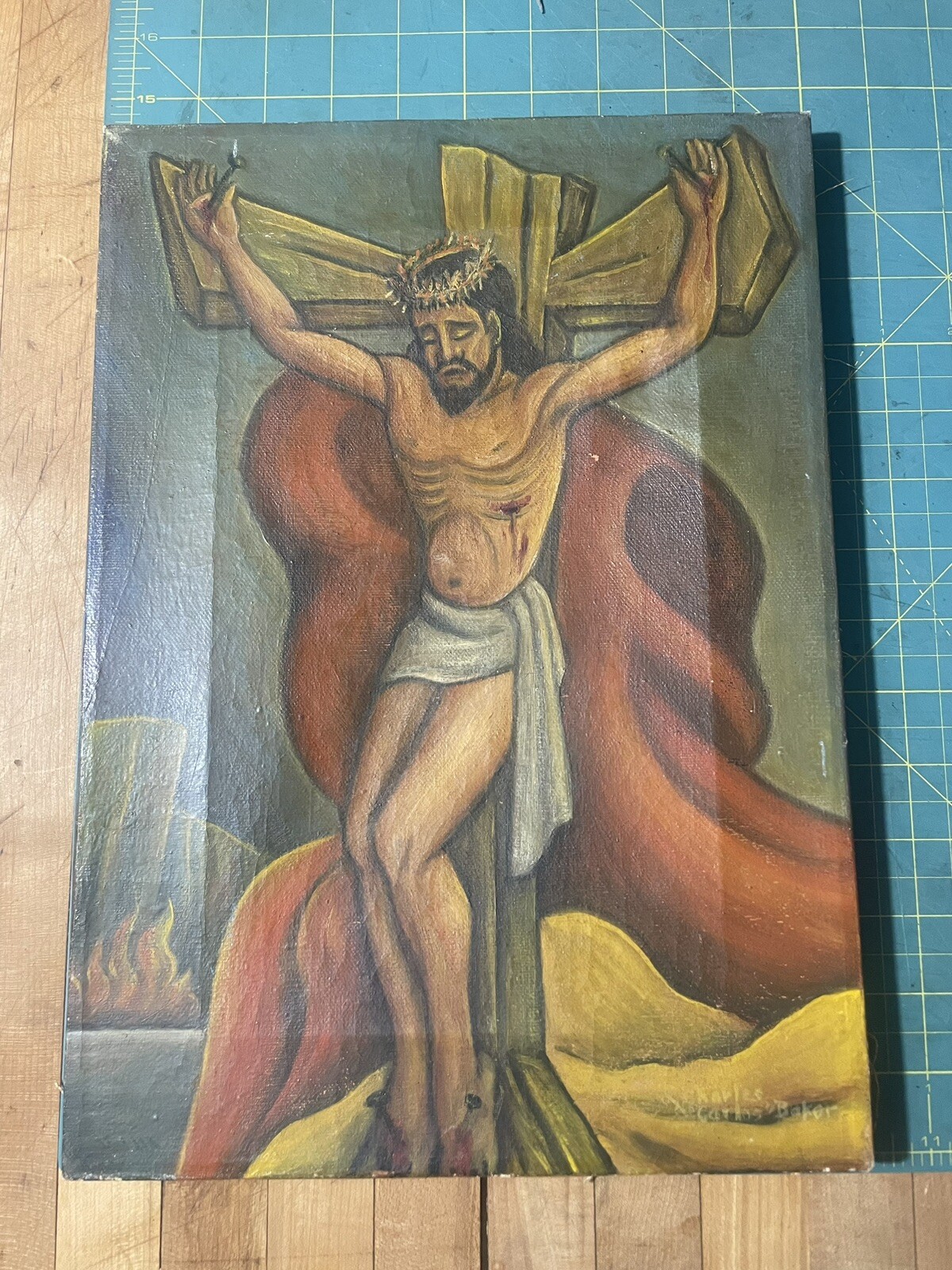 Original Vintage Painting Jesus on Crucifix Cross 10 X 14 Charles “Carlos” Baker