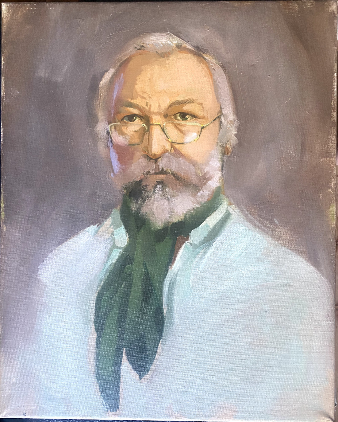 Oil painting portrait man doctor with green tie and glasses coat artist oil