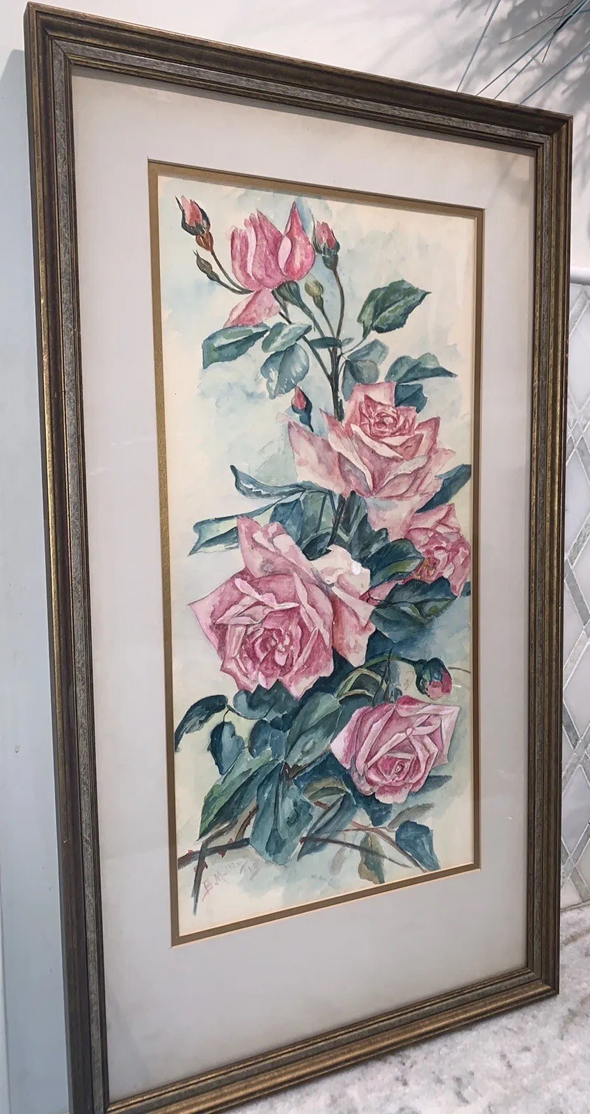 Antique Original 1910 Flowers Pink Roses Watercolor Framed 15 5/8”W 28 1/8”T
