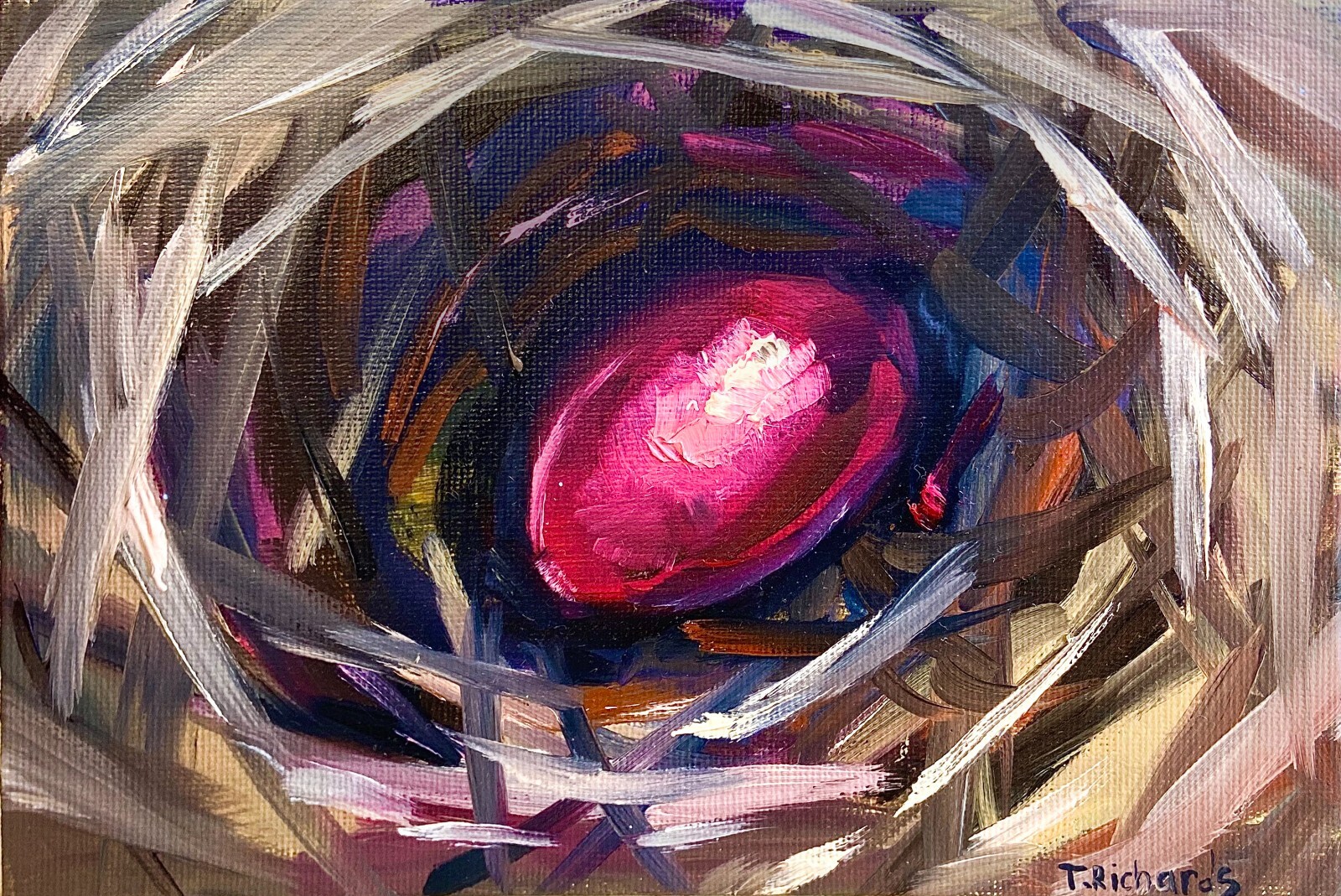 ORIGINAL oil painting on canvas panel art Easter egg nest artwork 5×7″