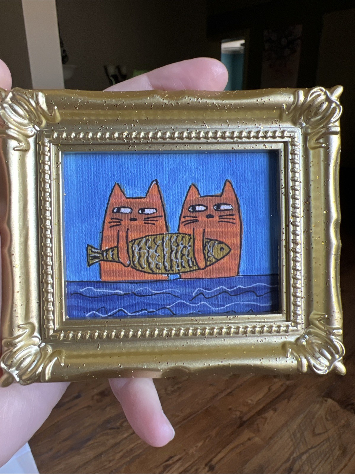Print Of My Art Funny Cats And Fish funny,cute,miniature Painting,small, framed