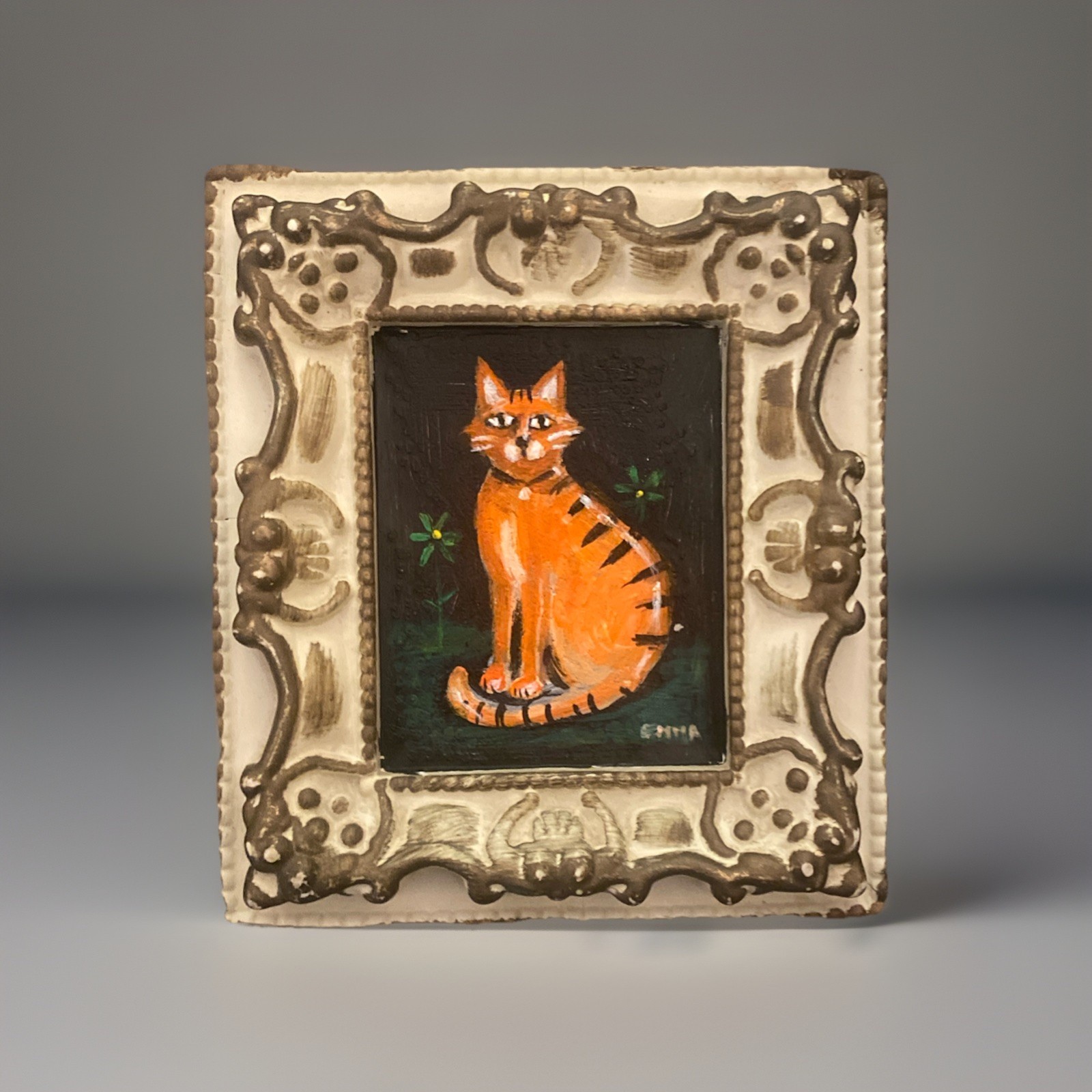 Vintage Small Orange Cat Painting Ginger Kitten 6” X 6” Original Free Ship!