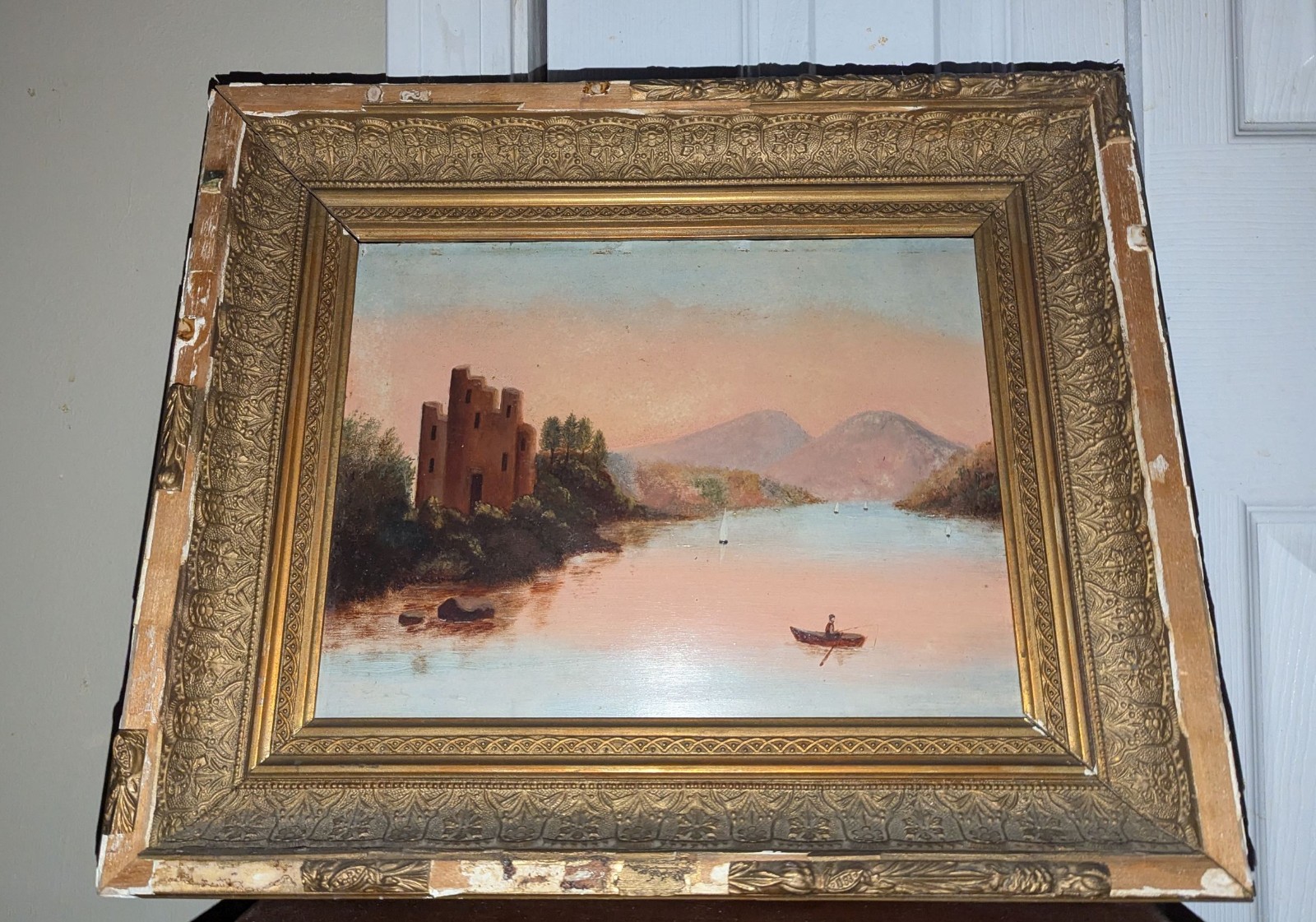 Antique Primitive HUDSON RIVER New York Riverscape Oil Painting On Academy Board