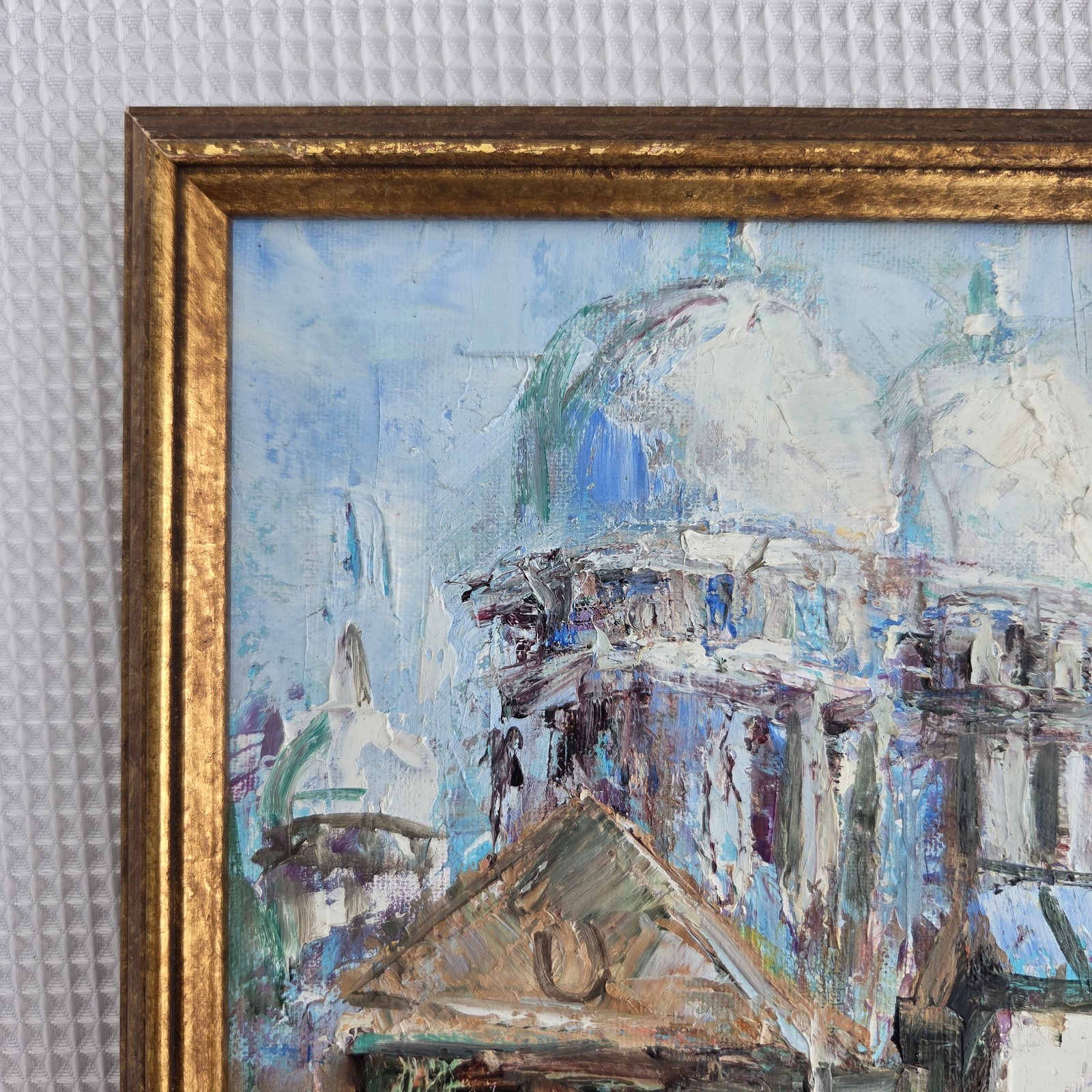 Vintage Abstract Original City Scape Blue Gold Oil Painting Art 10″ x 13″