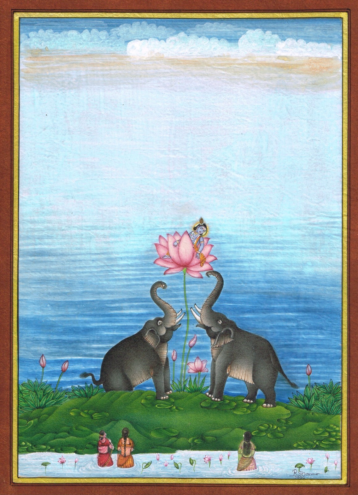 Handmade Elephant Painting Of Lord Krishna On Lotus On Paper 10.5×13.5 Inches