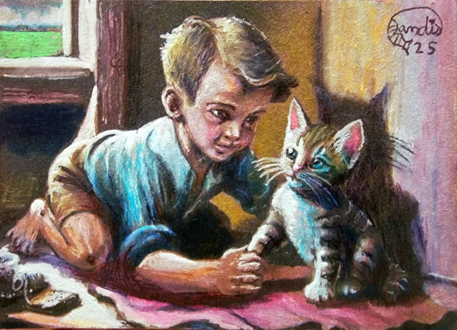 ACEO Jacob Landis Kitty Tabby Cat ORIGINAL Art Print # /25 «Supper For Three»