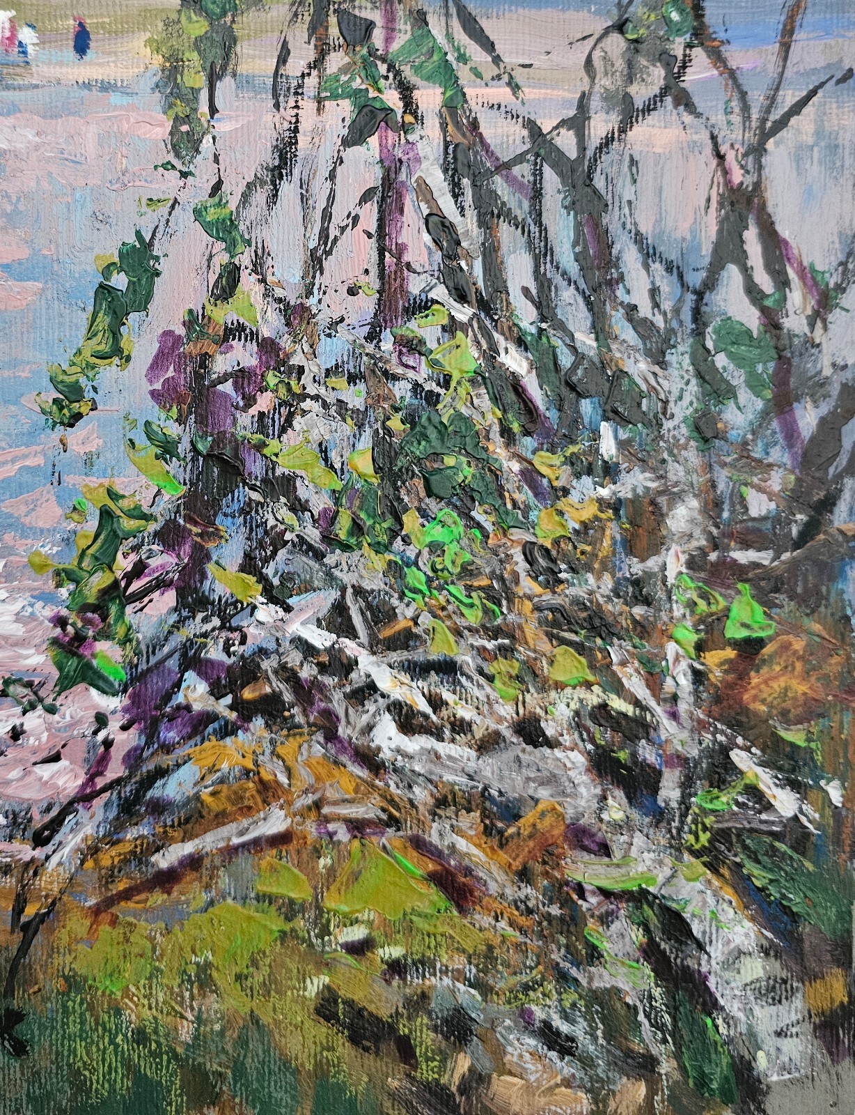 Acrylic painting Birches Ukrainian painter cardboard Unframed original landscape