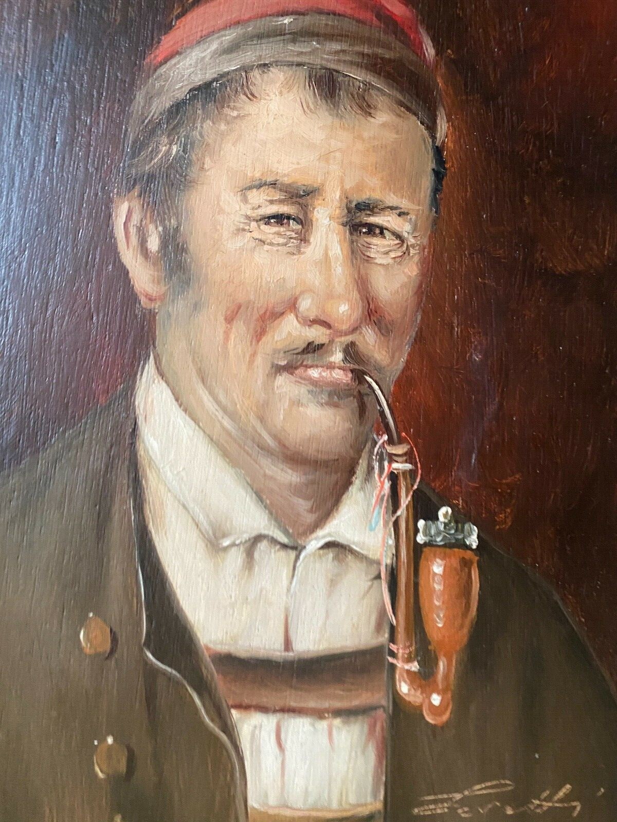 Portrait Pipe Smoker Antique Frame Signed – Loretta around 1940 Costume Hat Oil