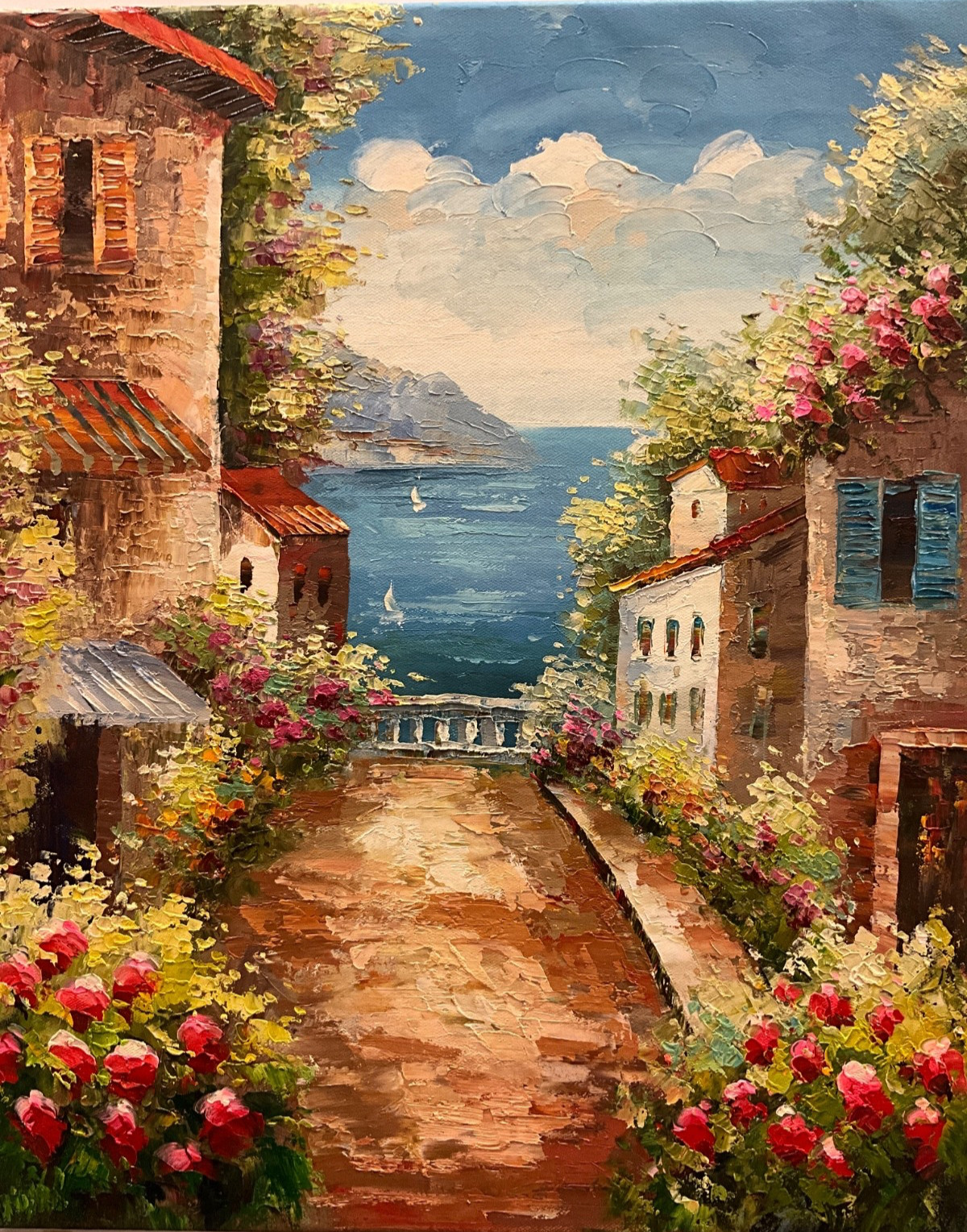Oil Painting 20×24″ Mediternannean landscape/seascape, cloudy sky,bright florals