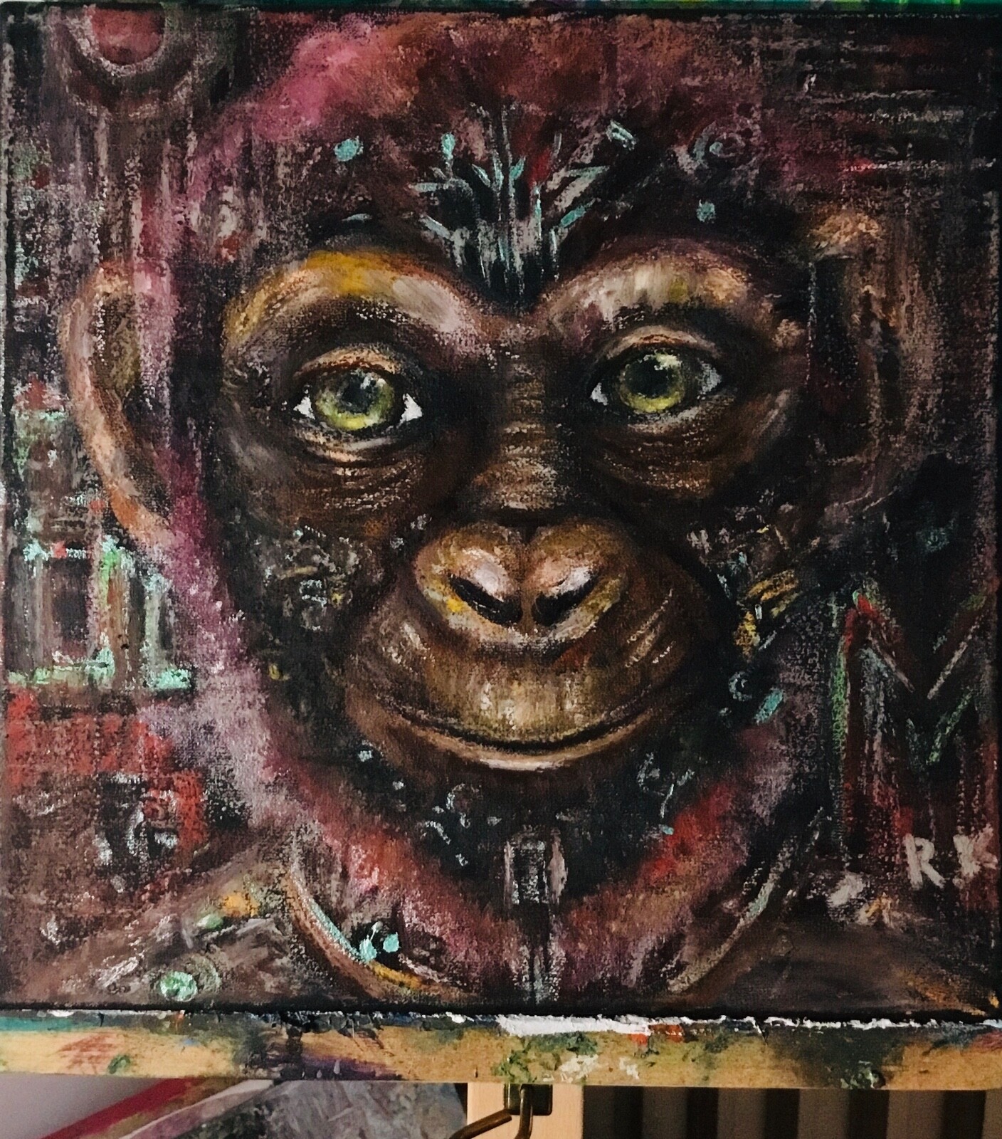 cyber monkey original acrylic and oil pastel painting on canvas,one of a kind
