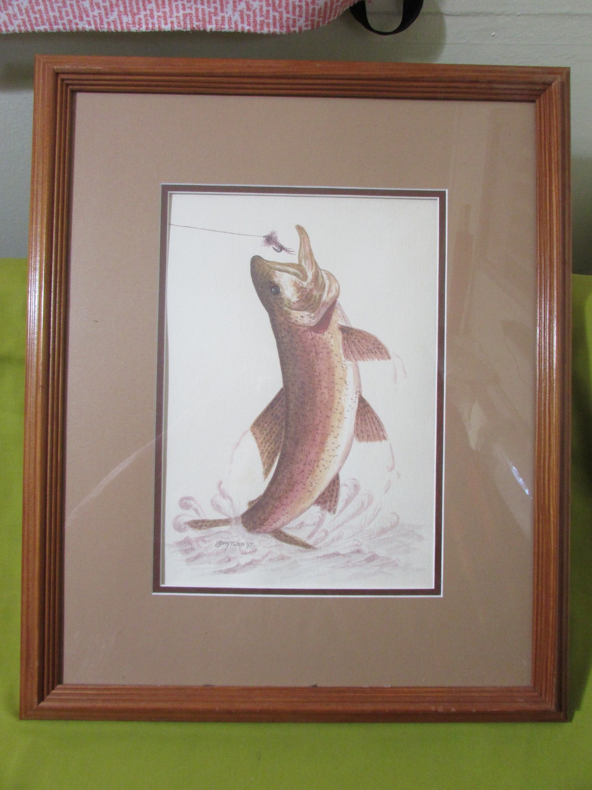 Original Trout Fishing Watercolor Painting, Framed & Matted, Signed, 1997, 23×18